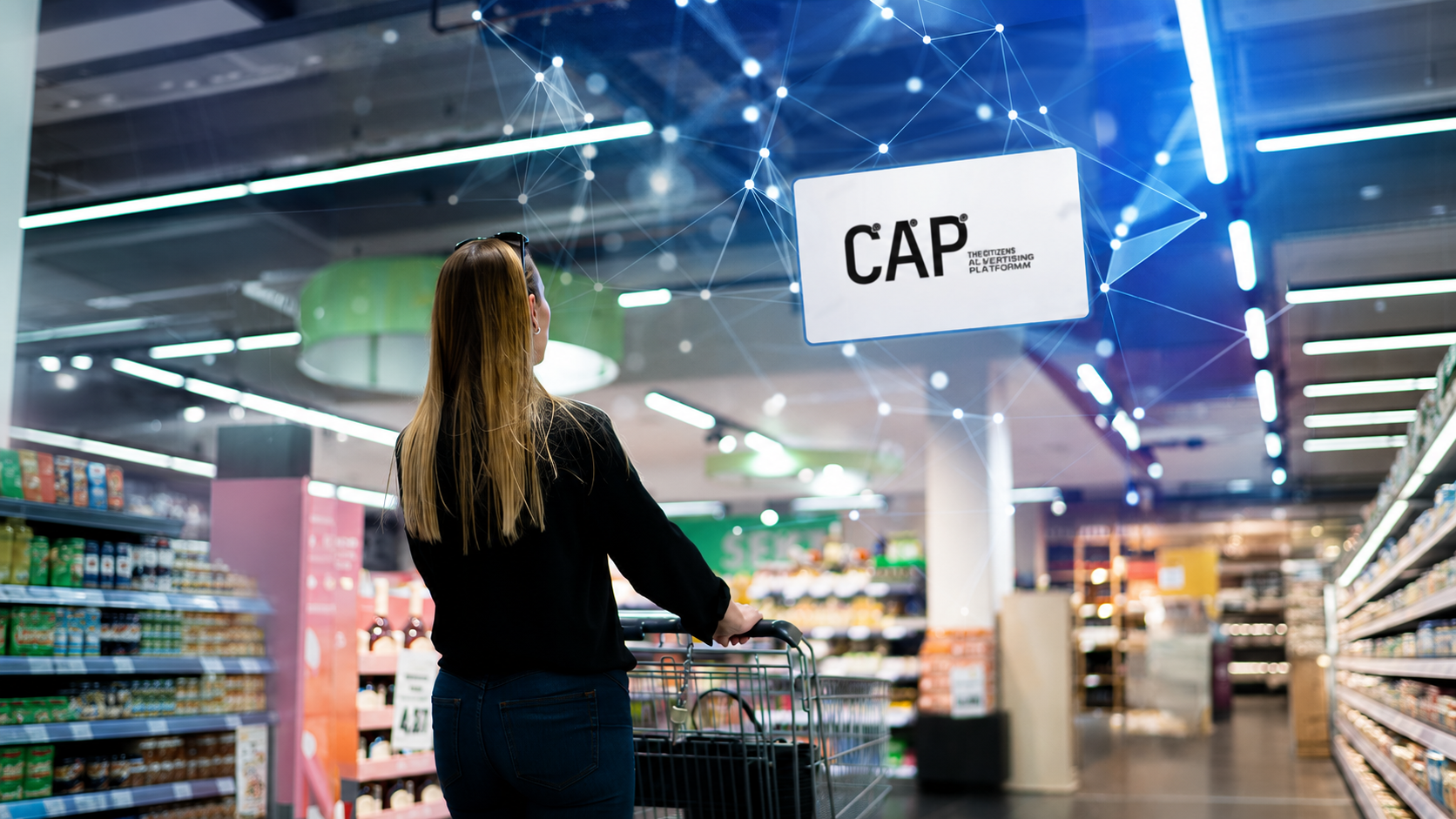 Digitaler Werbebildschirm in einem Supermarkt, dessen Inhalt durch Sensordaten der Shopper gesteuert wird.