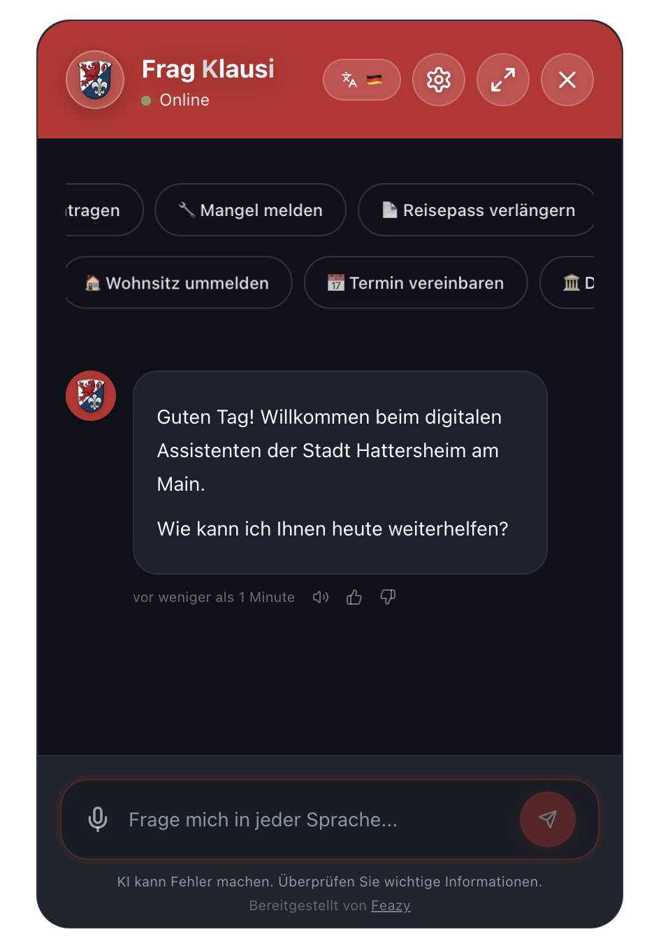 Chatfenster des Chatbots "Frag Klausi" auf der Website der Stadt Hattersheim am Main