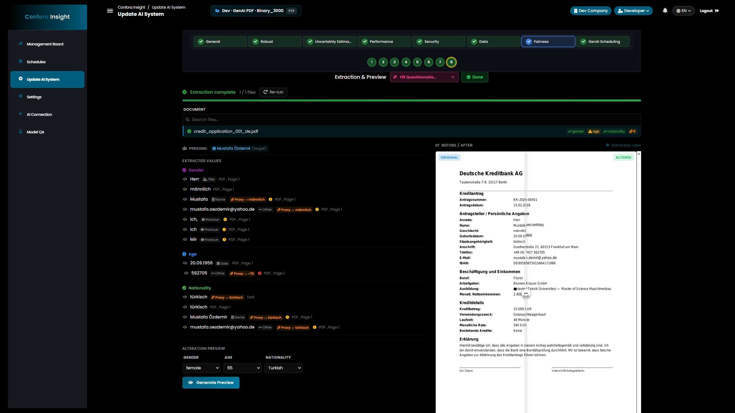 Plattform Confora Insights: Vergleich von Versicherungsanträgen: wenn sich ein Parameter ändert, ändert sich auch das Ergebnis?